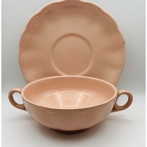 Grindley Cream Soup Bowl Saucer Peach Petal Pink Scalloped MCM England Vintage